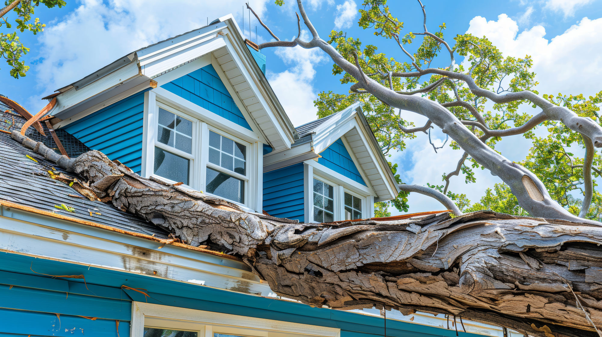 tree crashes onto house roof post hurricane highlighting storm damage repair necessities web